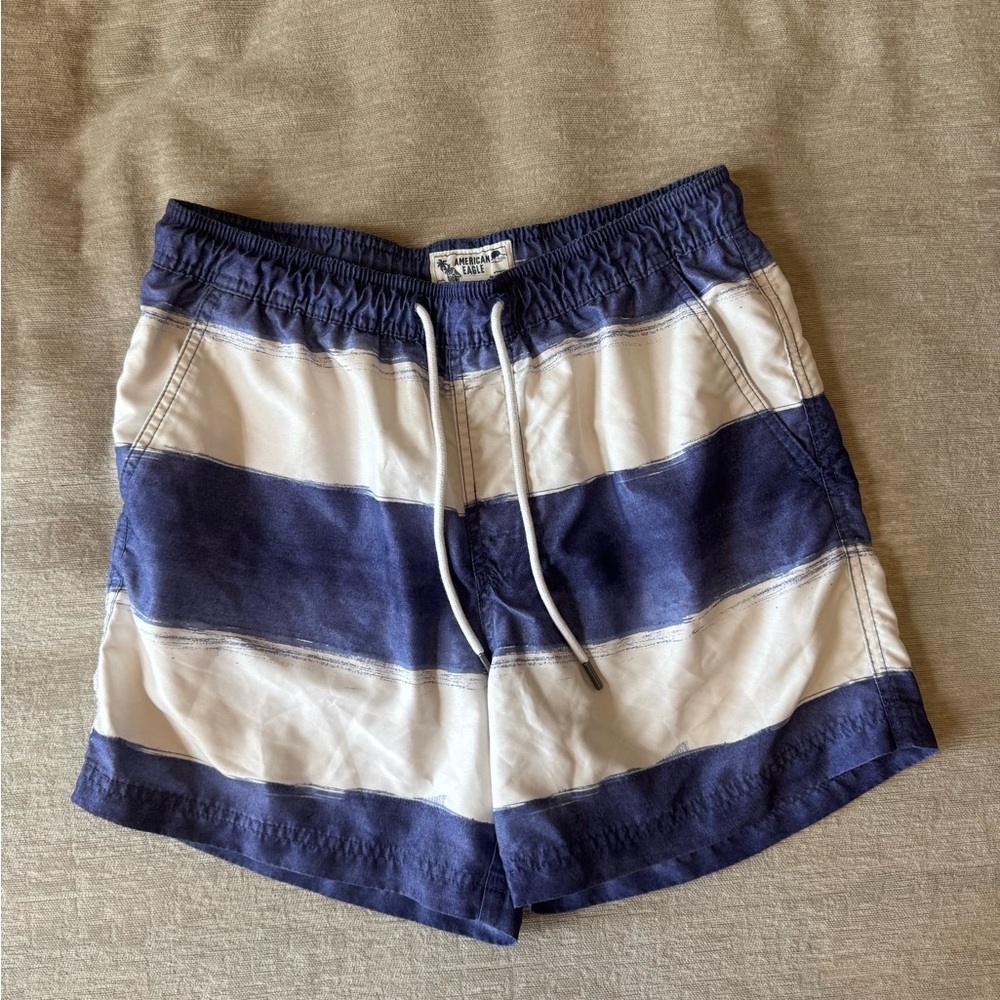 American Eagle men’s small blue and white striped swim trunks board shorts - Picture 2 of 11